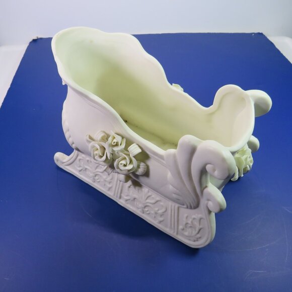 Ivory Bisque Porcelain Sleigh with Roses Neutral Holiday Winter Victorian Floral - Picture 2 of 15